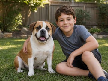 A sturdy Beabull sitting on a backyard lawn beside a school-age child, both looking at the camera
