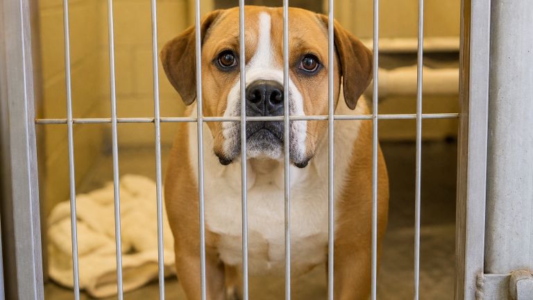 A stocky tan and white hound-type dog looking through a kennel gate at an animal shelter