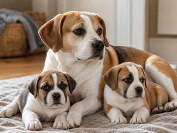 A Beagle mother dog resting beside two short-coated puppies on a blanket in a home setting