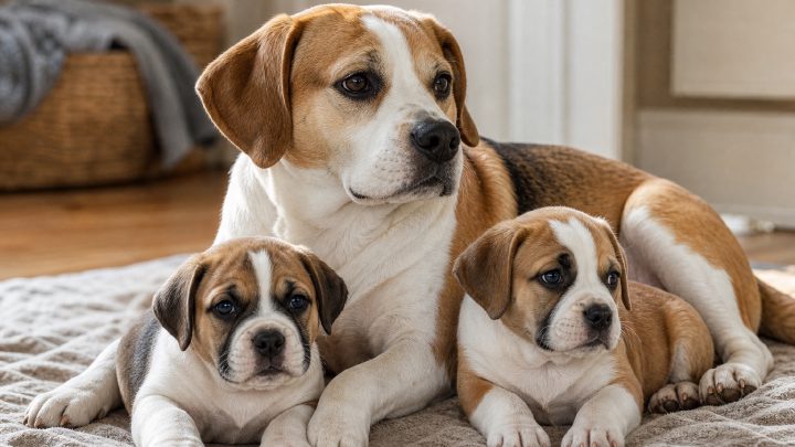A Beagle mother dog resting beside two short-coated puppies on a blanket in a home setting