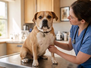A short-coated tan and white mixed-breed dog sitting on an exam table at a veterinary clinic