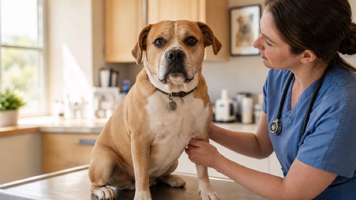 A short-coated tan and white mixed-breed dog sitting on an exam table at a veterinary clinic
