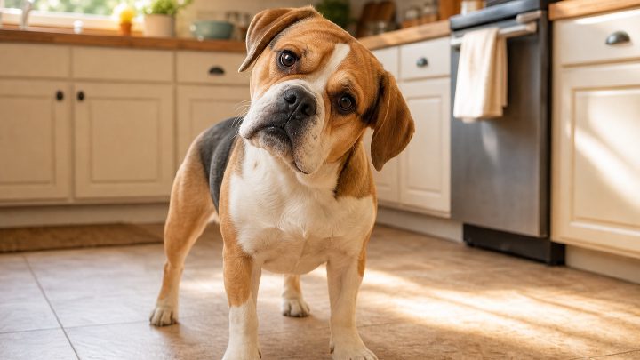 A curious Beabull tilting its head toward the camera in a sunlit kitchen