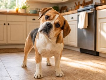 A curious Beabull tilting its head toward the camera in a sunlit kitchen