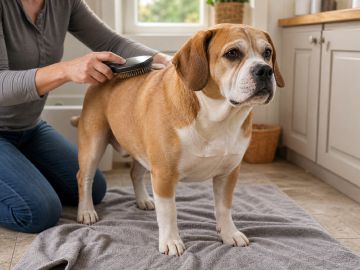 Beabull standing on a towel while its owner brushes its short tan and white coat
