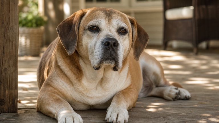 Gray-muzzled senior Beabull lying in dappled shade on a wooden porch