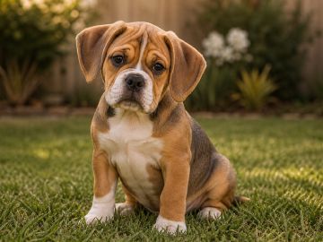 Beabull puppy sitting in grass with oversized ears and a wrinkled forehead