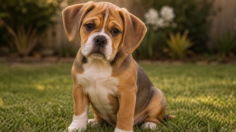Beabull puppy sitting in grass with oversized ears and a wrinkled forehead
