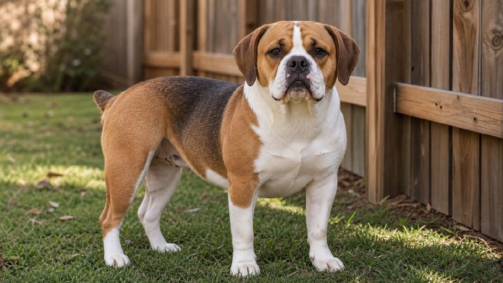 A broad-chested Beagle Bulldog mix standing in a yard next to a garden fence for scale