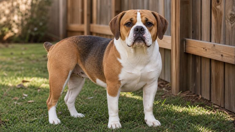 A broad-chested Beagle Bulldog mix standing in a yard next to a garden fence for scale