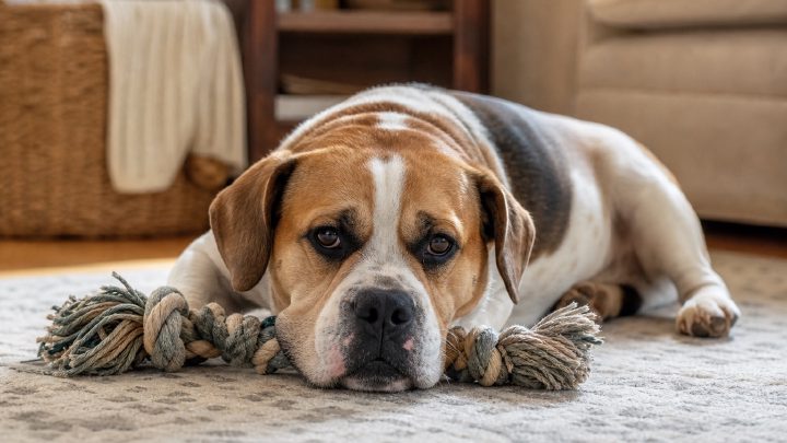 A relaxed Beabull lying on a living room rug with its chin resting on a rope toy