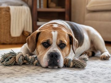 A relaxed Beabull lying on a living room rug with its chin resting on a rope toy