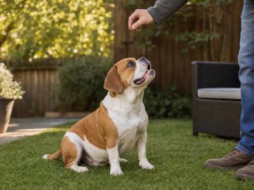 Beabull sitting in a backyard, looking up at a treat in its owner's hand