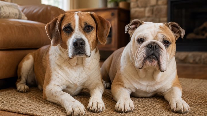 An English Bulldog and a longer-muzzled Bulldog-mix dog lying side by side on a living room floor