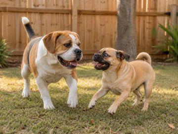 A stocky Bulldog-mix dog and a smaller fawn Pug-mix dog playing together in a fenced yard