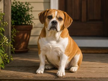 A stocky tan and white dog with floppy hound ears and a short muzzle sitting on a porch step