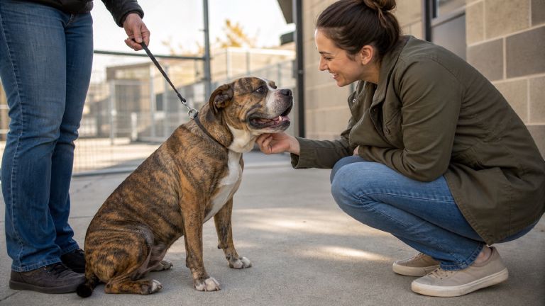 An adult brindle Bulldog-mix dog on a leash meeting a potential adopter outside a shelter