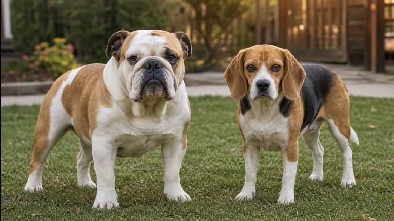 An adult English Bulldog and an adult Beagle standing side by side outdoors