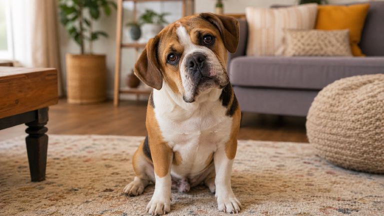 a Beabull sitting attentively, head tilted, ears forward