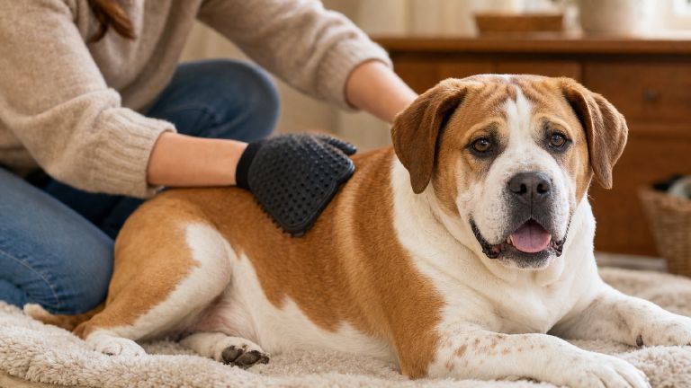 Beabull being brushed with a rubber grooming mitt