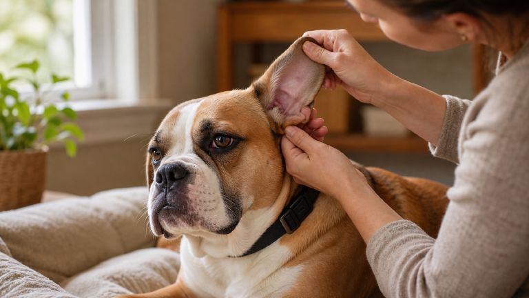 Owner lifting a Beabull's floppy ear for a quick check