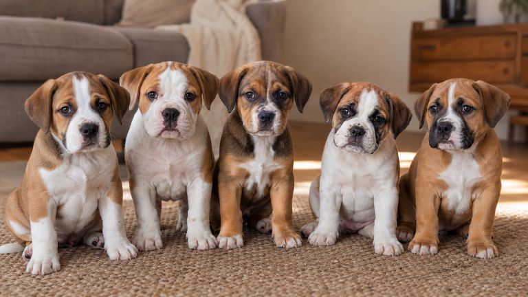 Beabull puppies from one litter showing different head shapes and markings