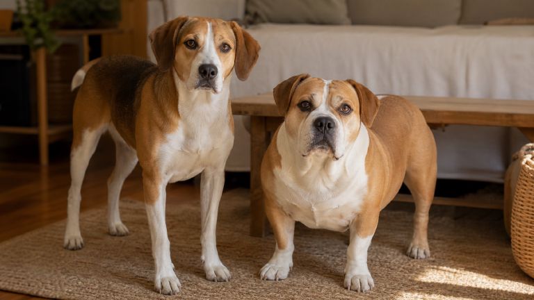 two adult Beabulls side by side, one leggy and hound-like, one low and broad