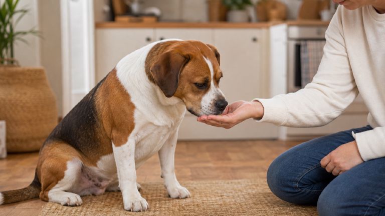 Beabull touching its nose to an owner's open palm during a training session