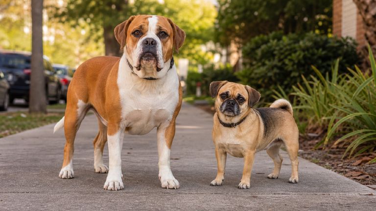 A large stocky Beagle-Bulldog mix standing next to a noticeably smaller Beagle-Pug mix on a sidewalk