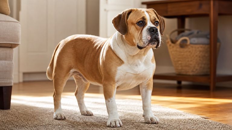 a Beabull showing traits of both parents, floppy hound ears on a broad Bulldog-type body